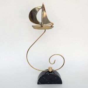 Vintage Mid Century Brass Sailboat & Black Marble Art Sculpture Stone Metal